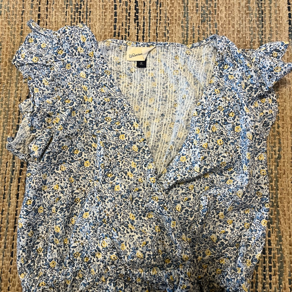 Universal Thread Blue and Yellow Ruffled Wrap Blouse